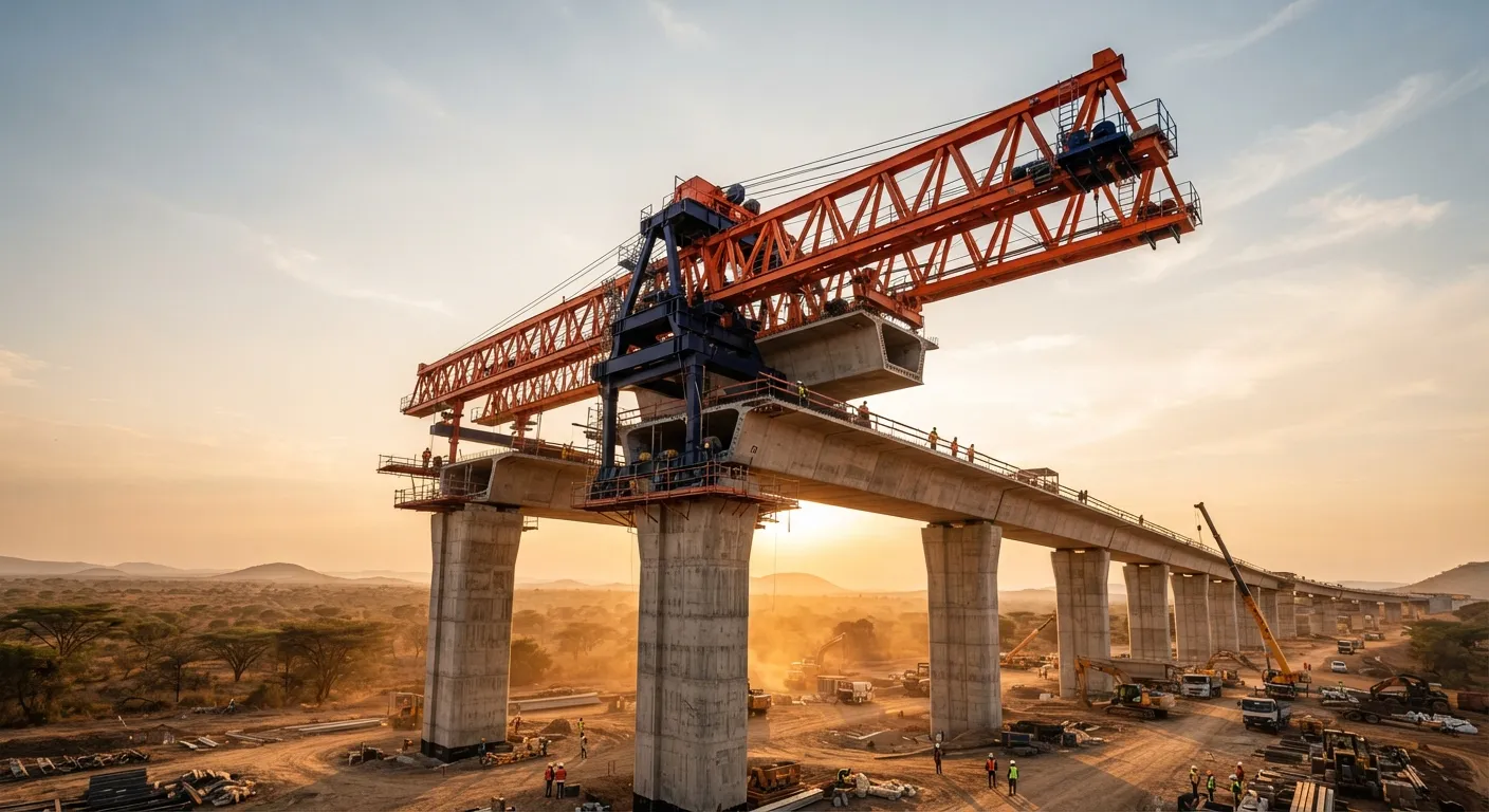 Bridge under construction with an orange launching gantry and navy steel truss