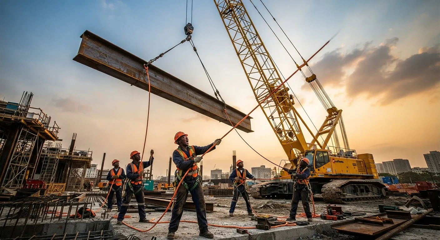 Steel beam lifted by a crane on a Massive Construction site
