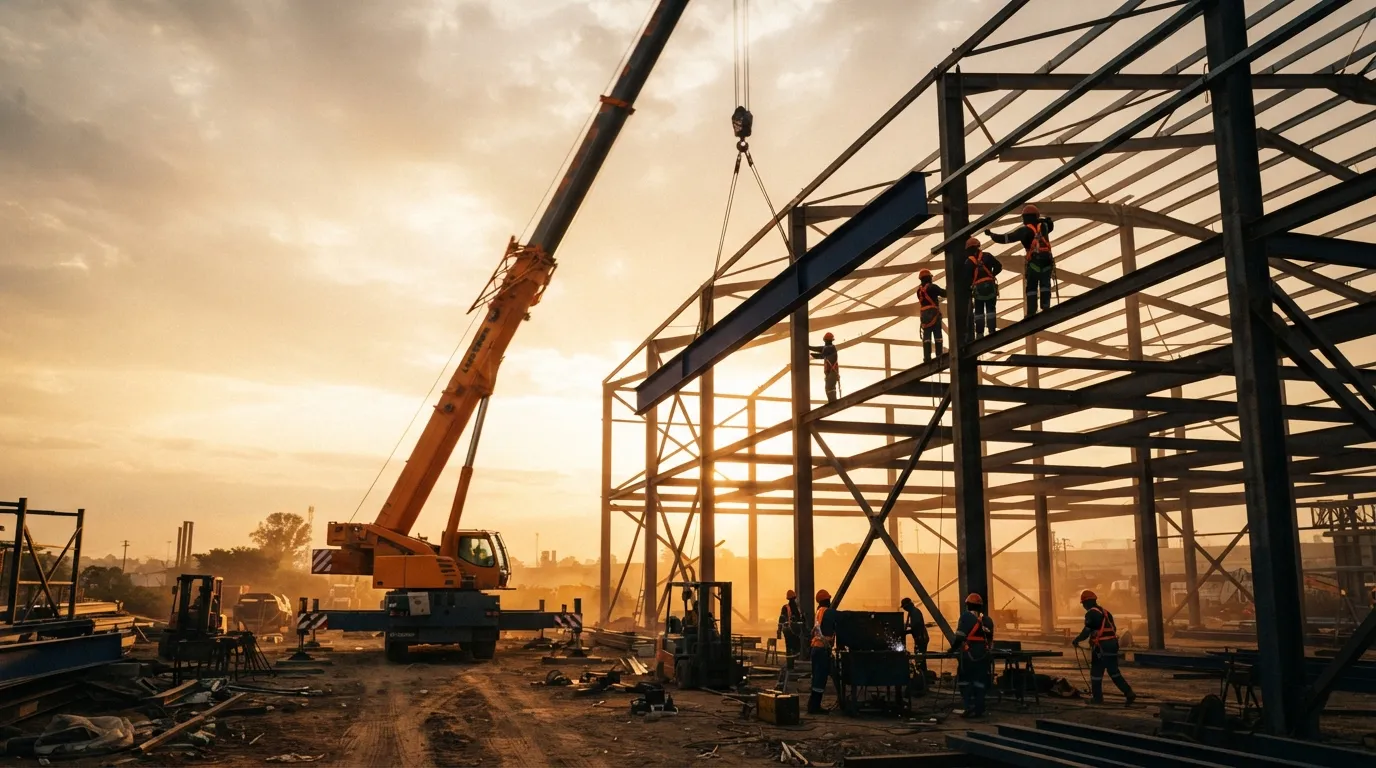 Steel frame under construction with workers on the beams at sunset