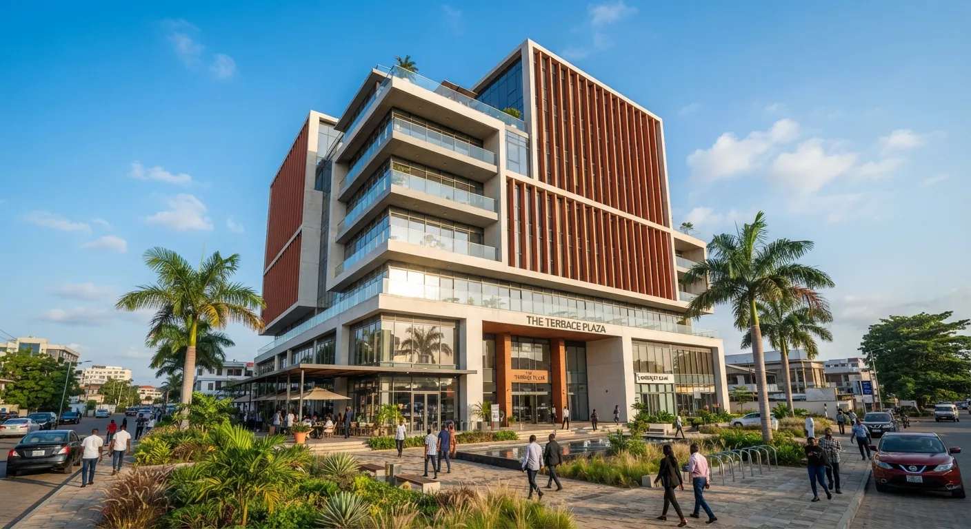 Modern multi-storey commercial building with timber-slat facade