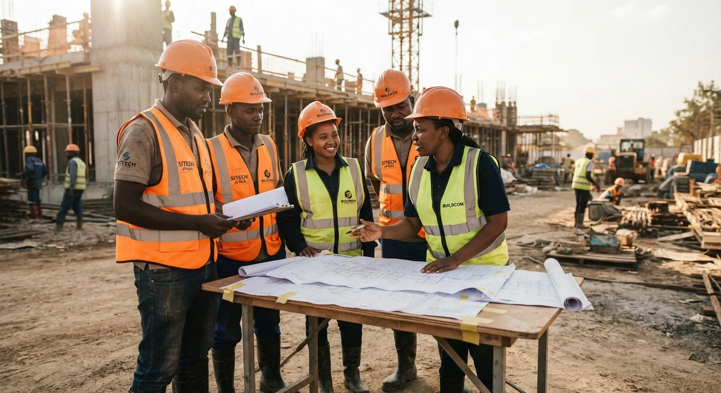 Site team reviewing drawings on a construction site