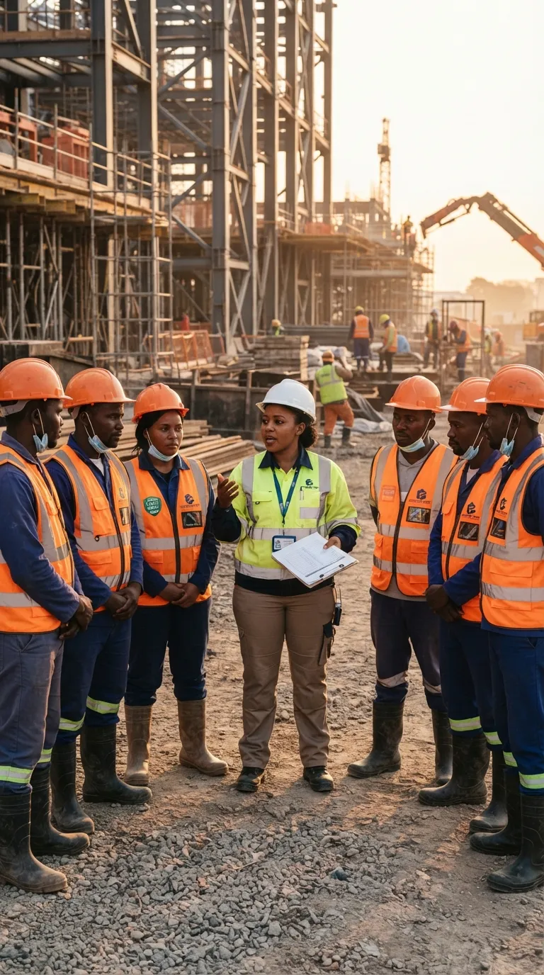 Site team in PPE at a morning safety briefing
