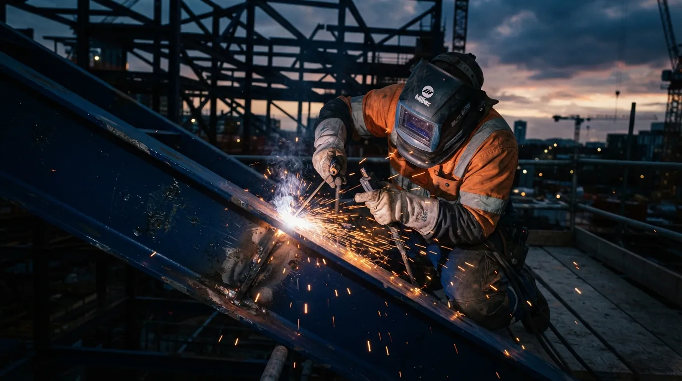 Welder cutting structural steel with sparks flying on a Massive Construction site