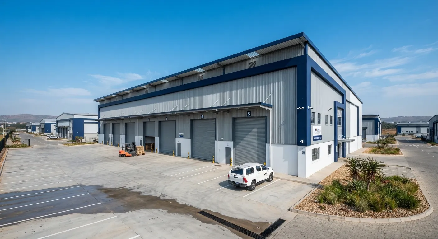 Completed steel portal-frame warehouse with navy cladding in Msasa