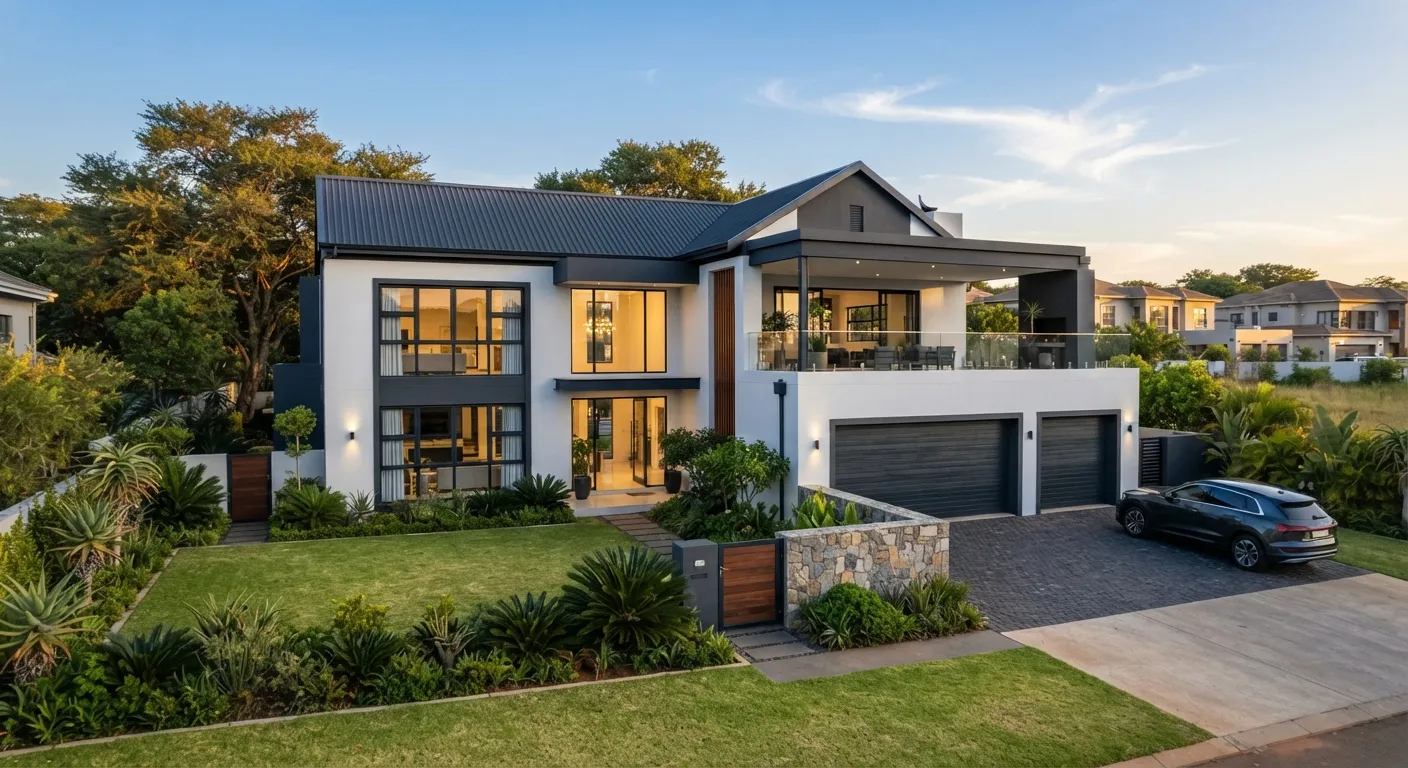 Modern double-storey family home in Glen Lorne at dusk