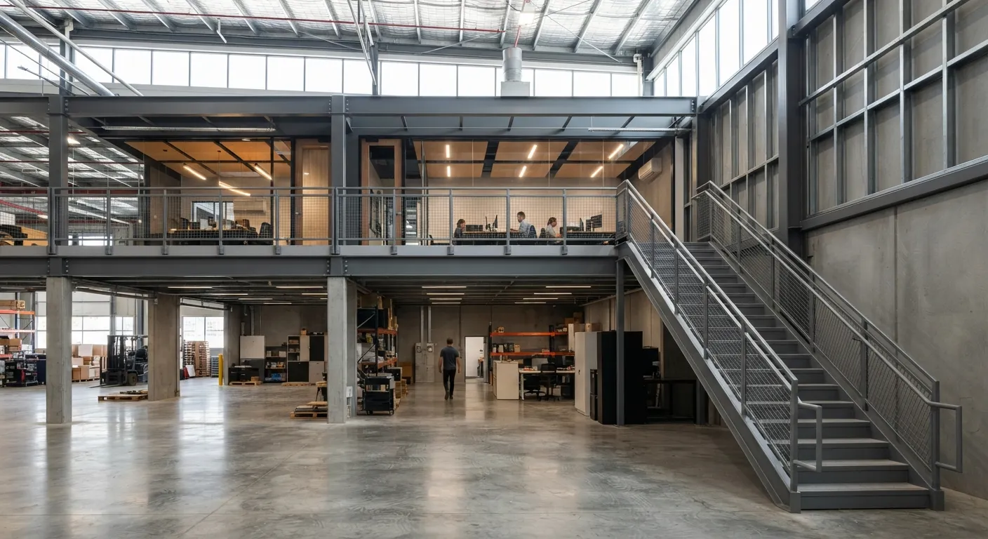Steel mezzanine floor and stairs inside a Graniteside warehouse