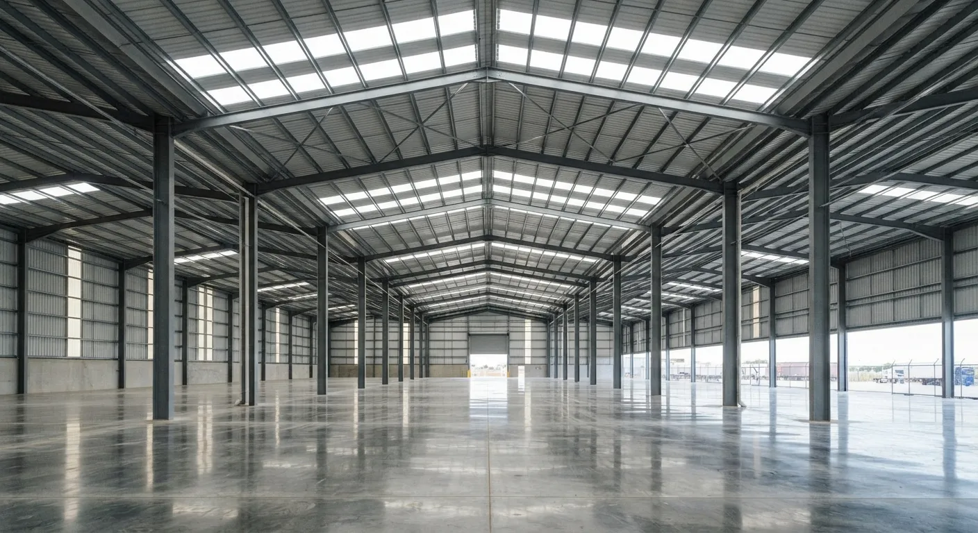 Clear-span warehouse interior with steel portal frames