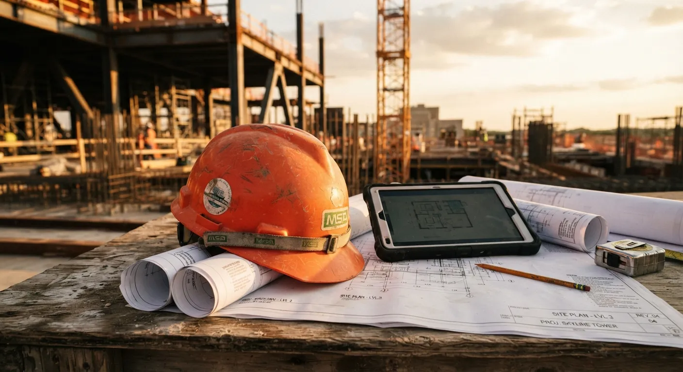 Hard hat, tablet and rolled drawings on a Harare construction site at sunset